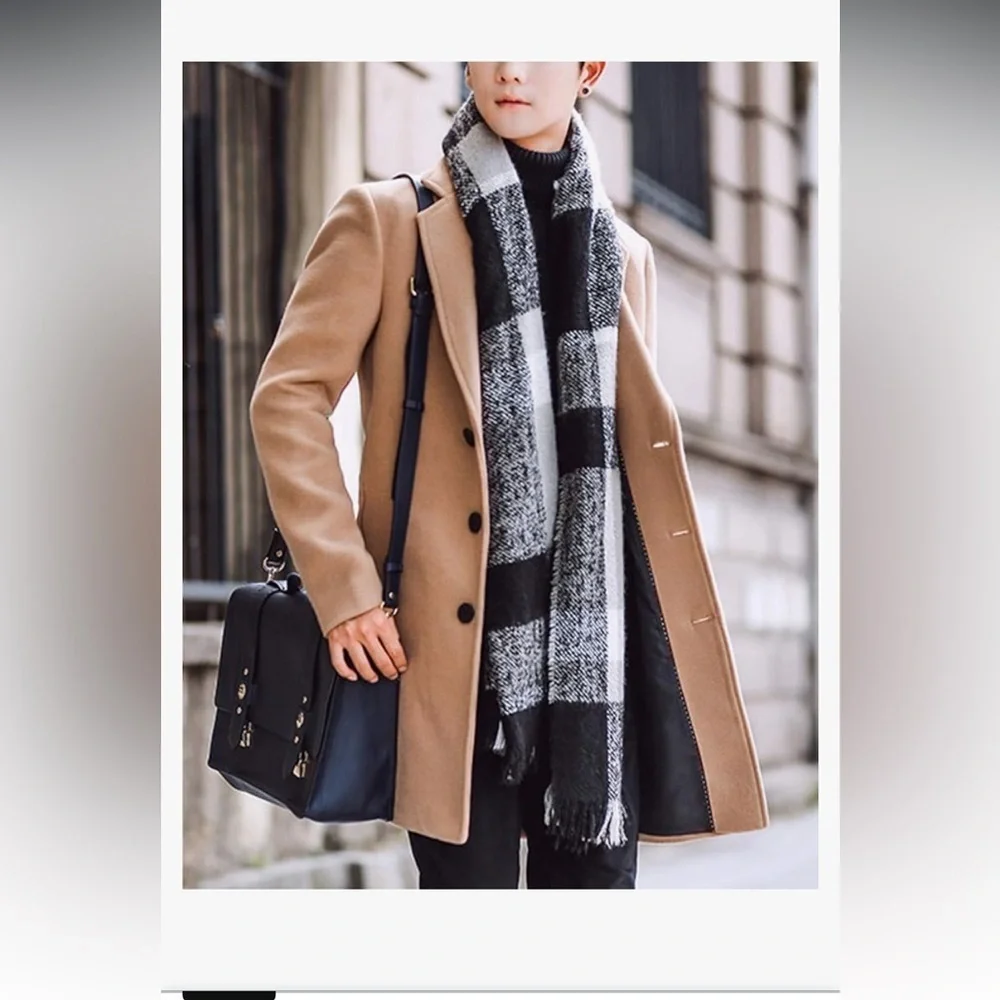 Men's Wool Blend Pea Coat Notched Collar Single Breasted Overcoat tan medium